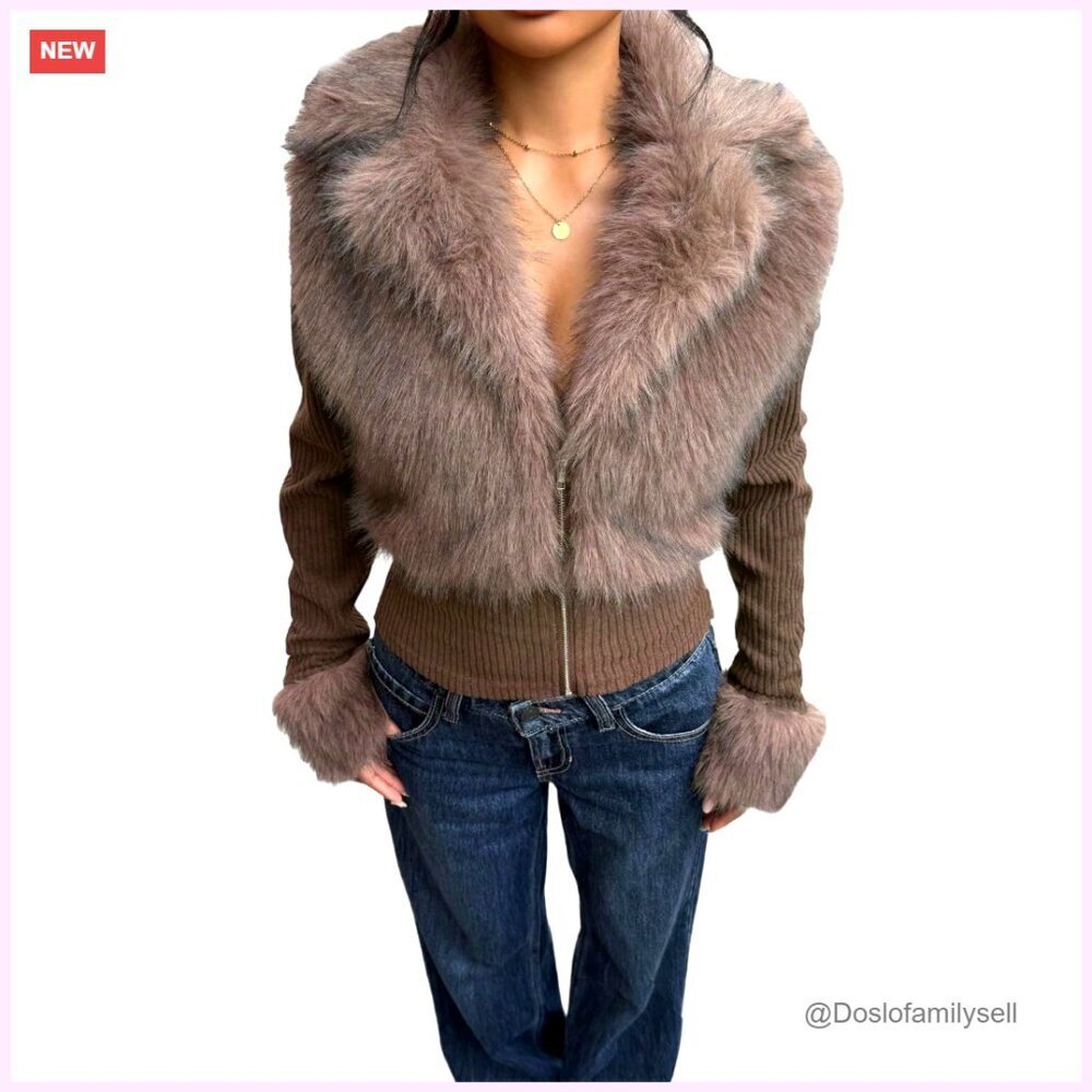 Faux Fur Lapel Zip Up Jacket Long Sleeve Rib Knit Outerwear Streetwear